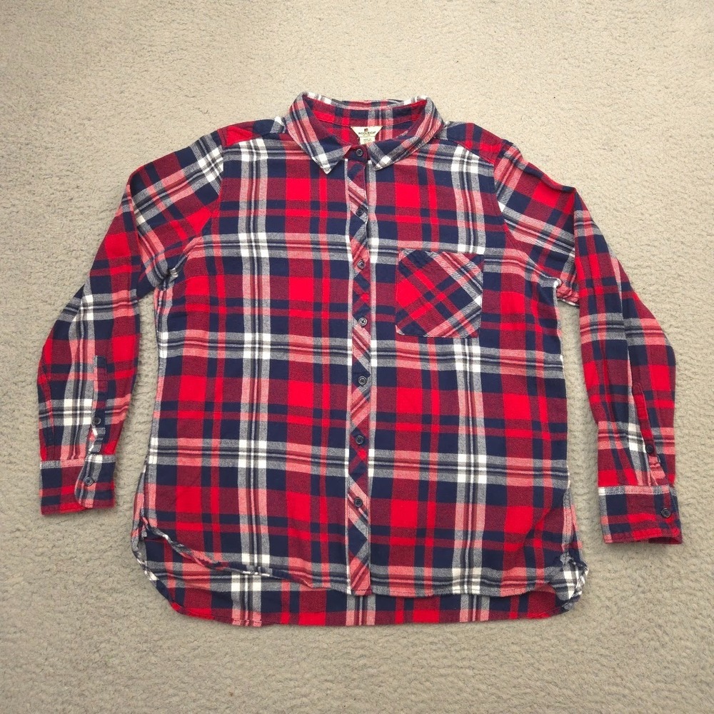 Woolrich Flannel Shirt Womens XL Red Navy Plaid Long Sleeve Button Pocket Cotton - Picture 1 of 10